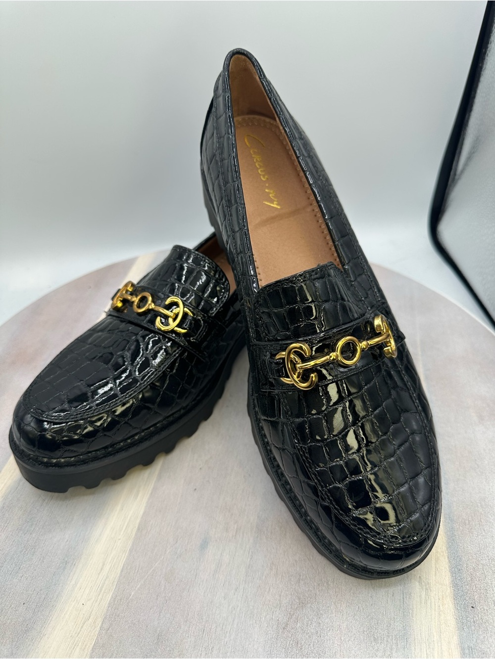 Circus by Sam Edelman Black Croc-Embossed Loafers with Gold Hardware
